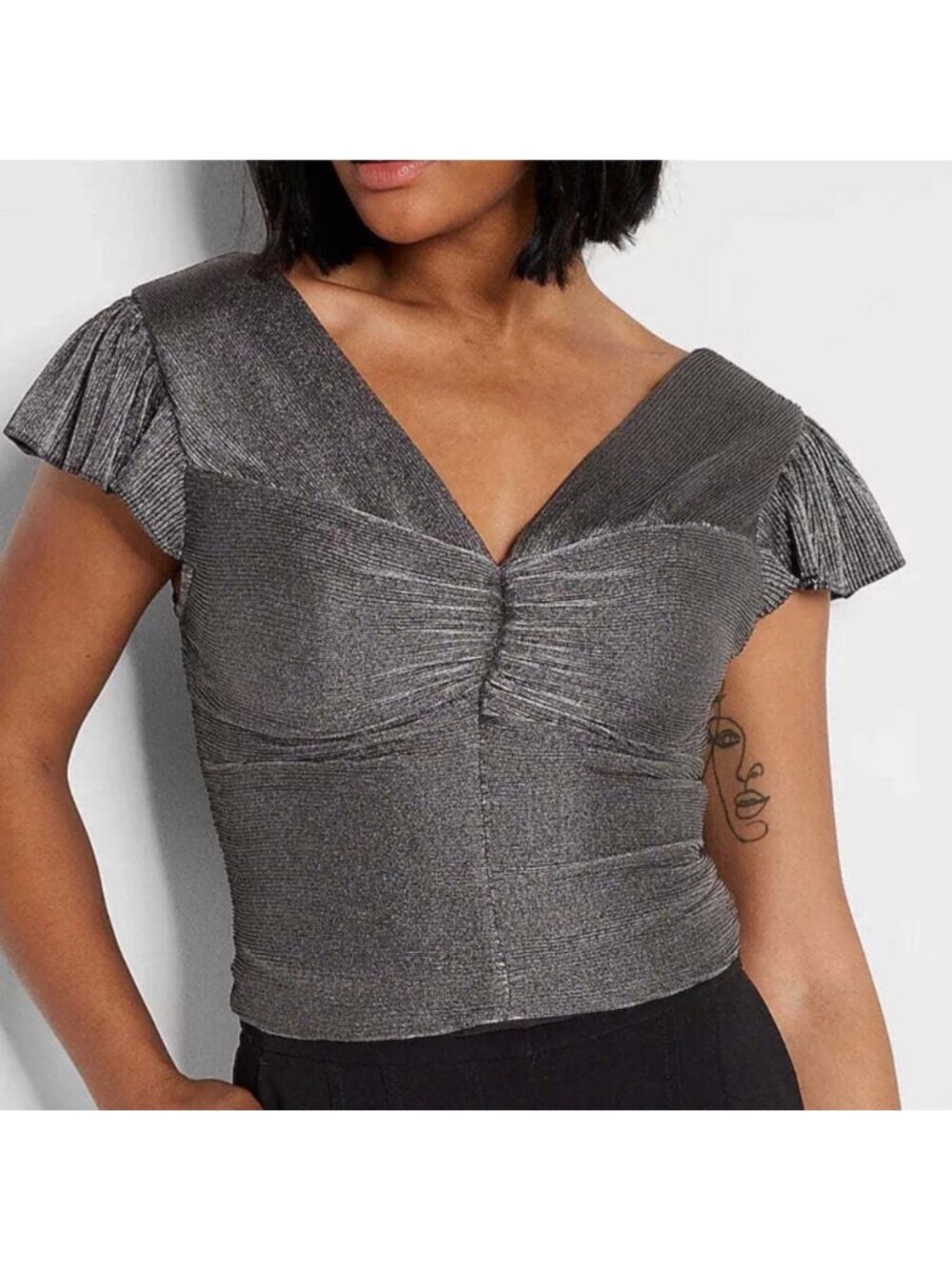 Express Crop Top Women's Medium Grey Metallic Pleated Smocked V Neck Y2K Party